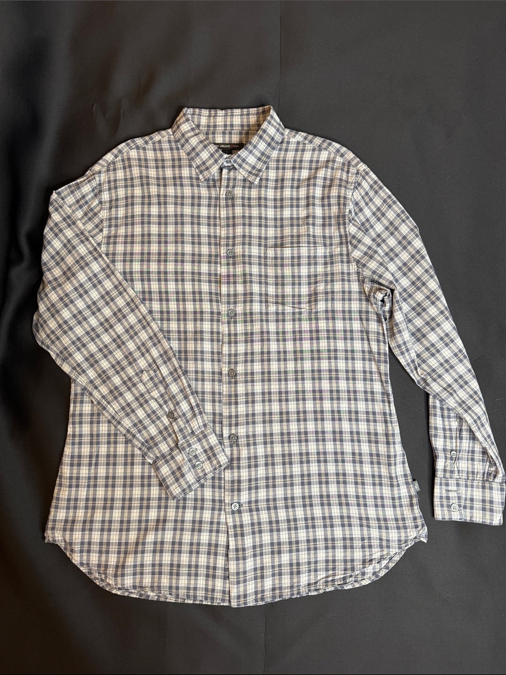John Varvatos - Men's Blue and White Plaid Button-Down Shirt / L